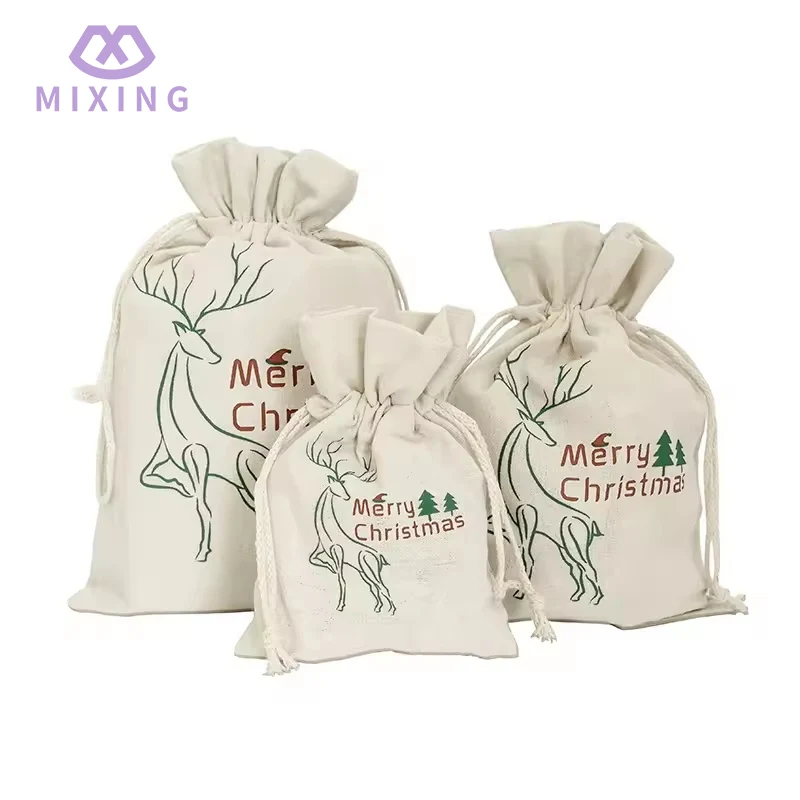 Large Cotton Christmas Drawstring Pouch